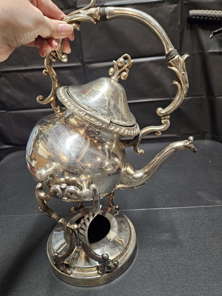 VINTAGE Birmingham Silver Co Silver on Copper Tilting Teapot on Stand w Warmer