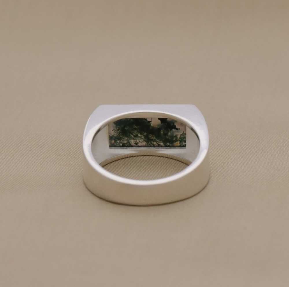 Sterling Silver Moss Agate Rectangular Signet Ring – Unique Natural Gemstone Des