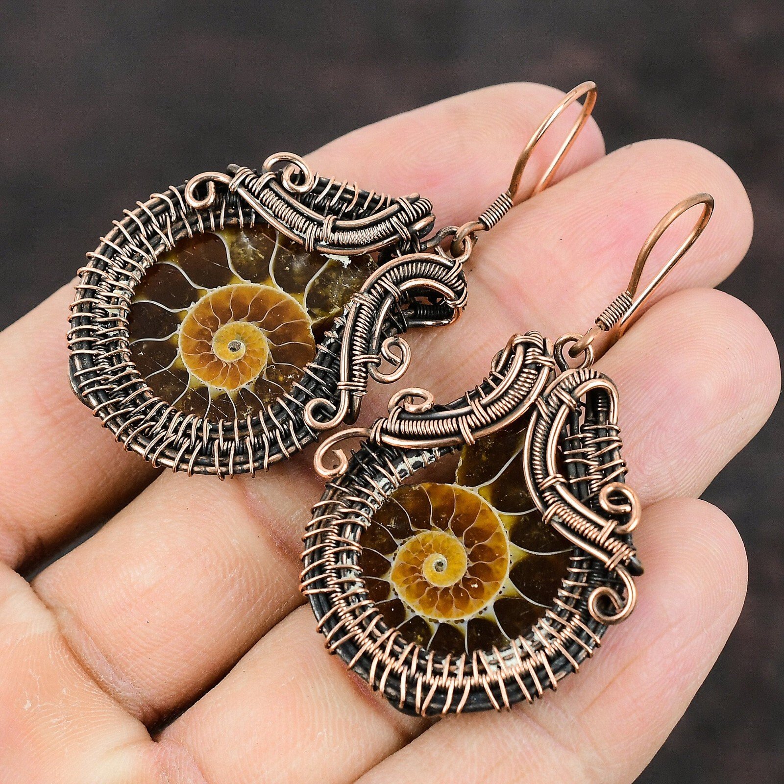 Ammonite Fossil Copper Valentine Gift Wire Wrapped Drop/Dangle Earrings 2.24"
