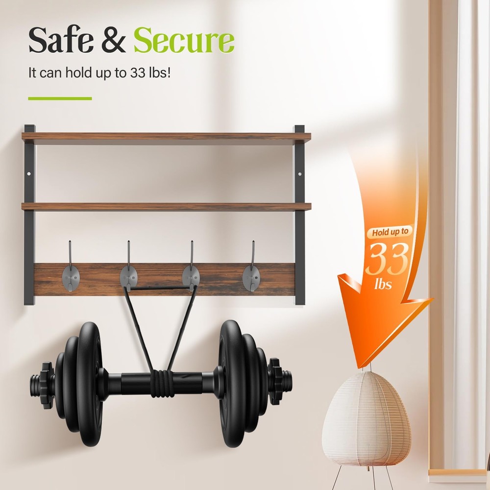 Two-Tier Wall Shelf with Hooks, 17" Coat Rack Wall Mount with Shelf, Key Hook...