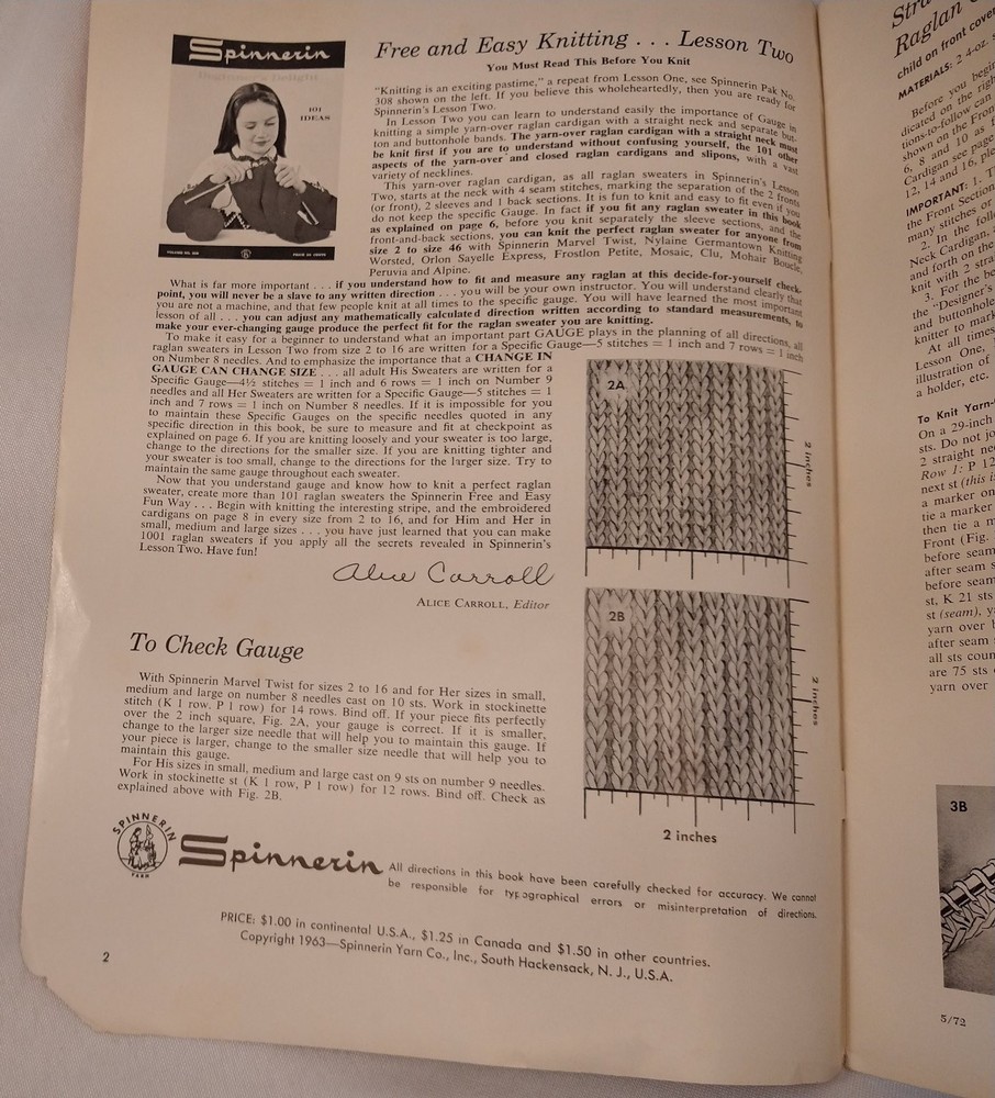 Spinnerin 101 Raglan Sweaters Lesson 2 Knitting Instruction Book 1963