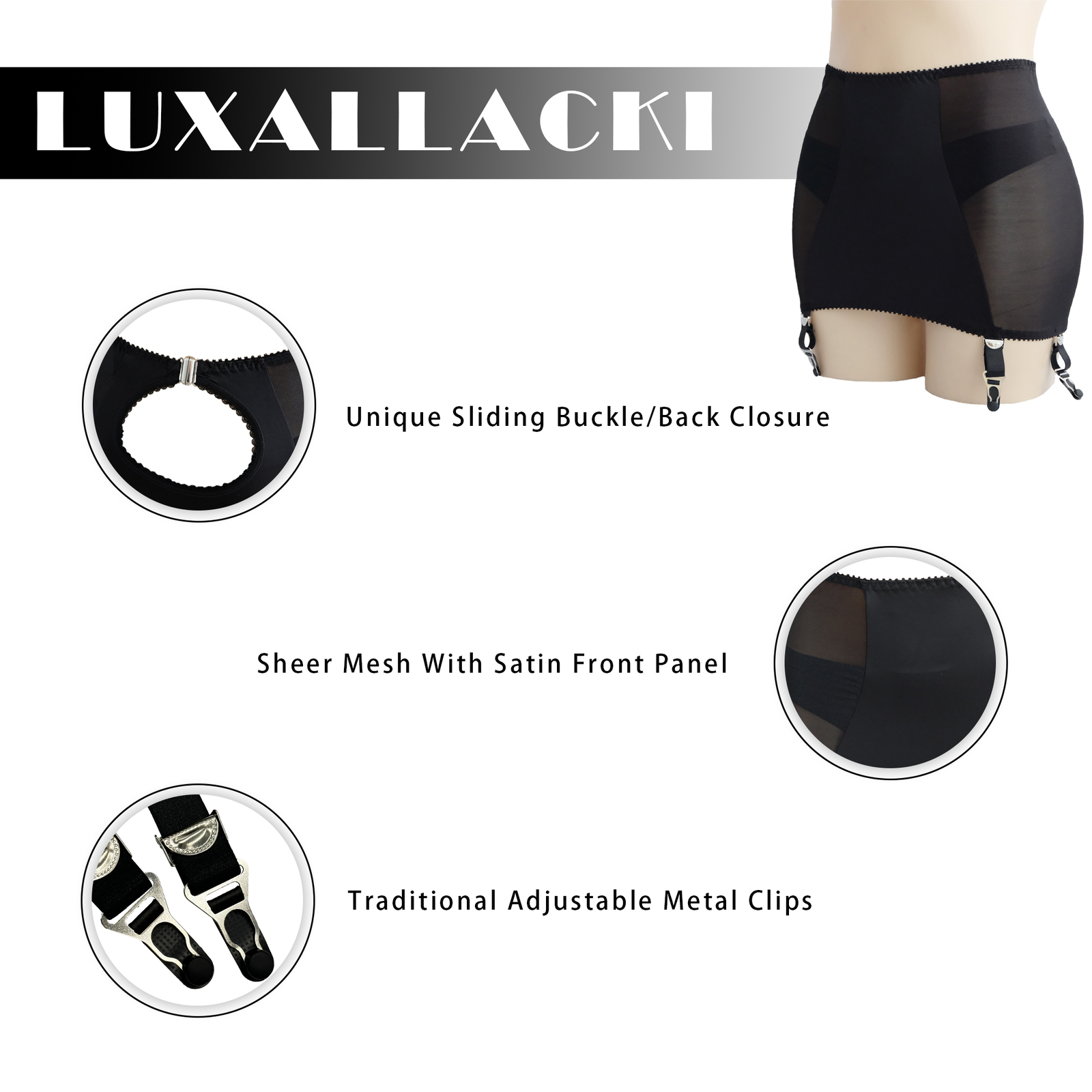Luxallacki Back Hollow Sheer Garter Belt 6 Straps Suspender Metal Clips Girdle