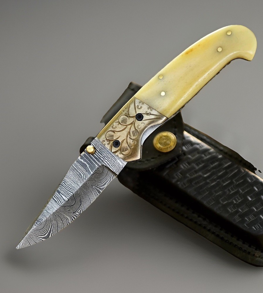 Hand Forged Damascus Steel Folding Pocket Knife Camel Bone Handle Tactical EDC