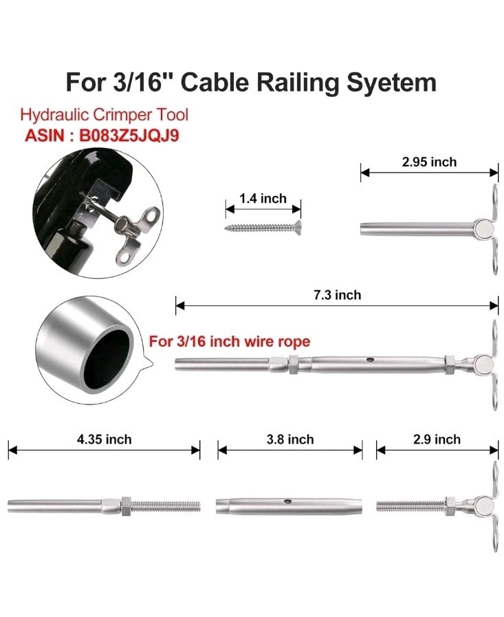 12 Pairs 3/16" Cable Railing Kits T316 Adjustable Angle Cable Railing Hardware