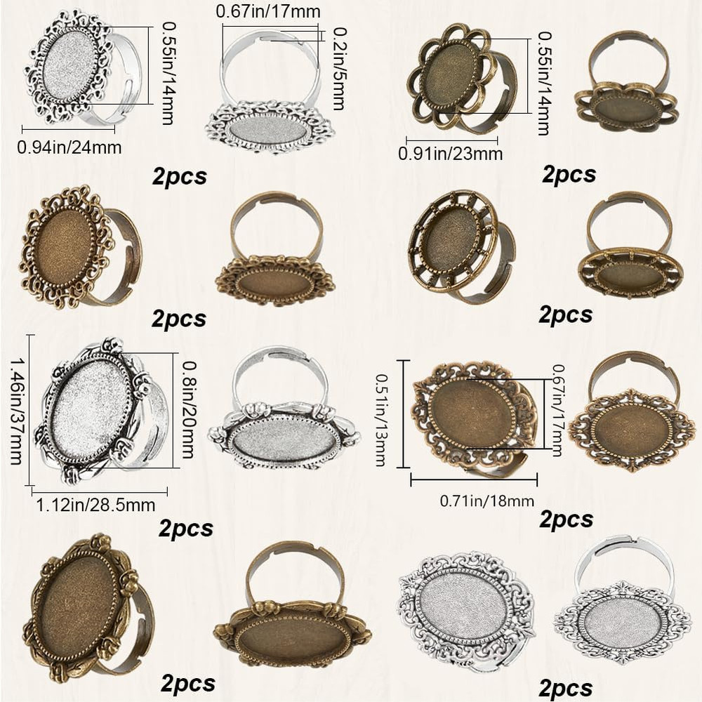 16Pcs 8 Style Adjustable Blank Rings Bulk Bezel Ring Blanks Antique Silver Bronz
