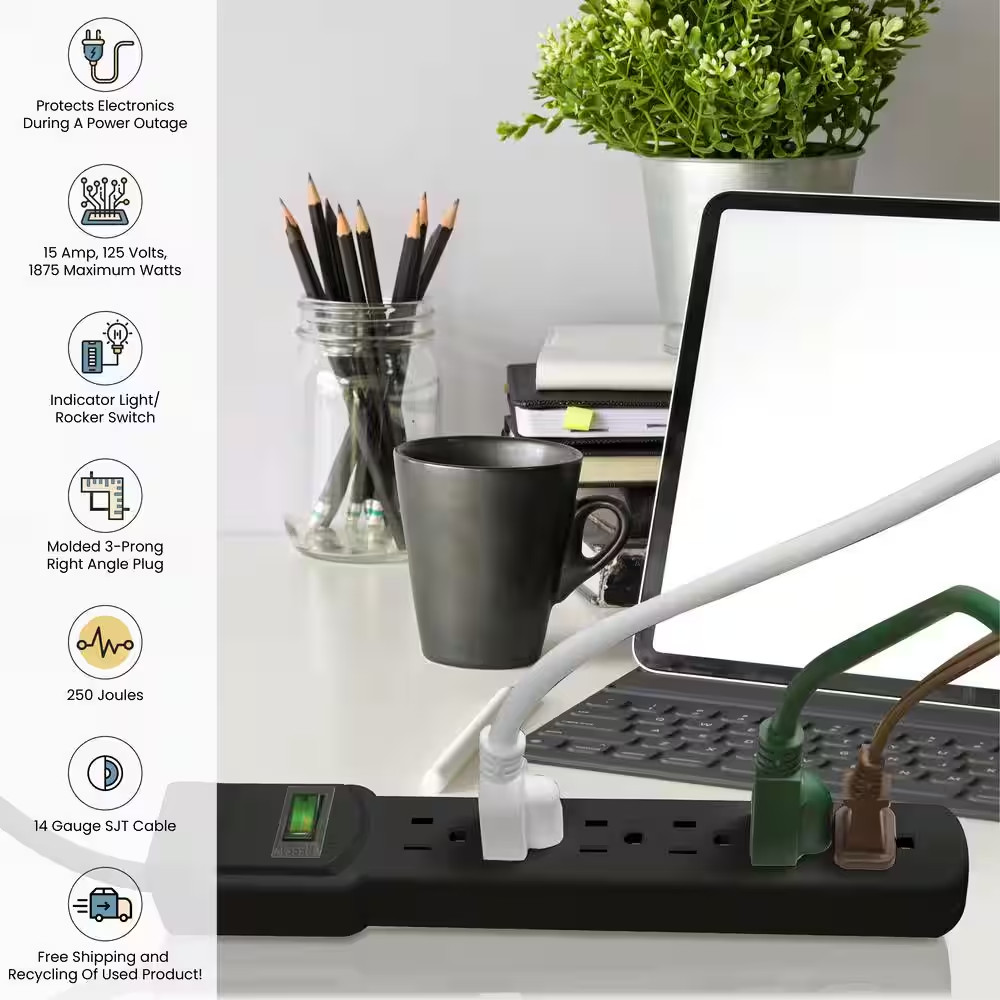 6-Outlet Surge Protector with 6 Ft. Cord, Black