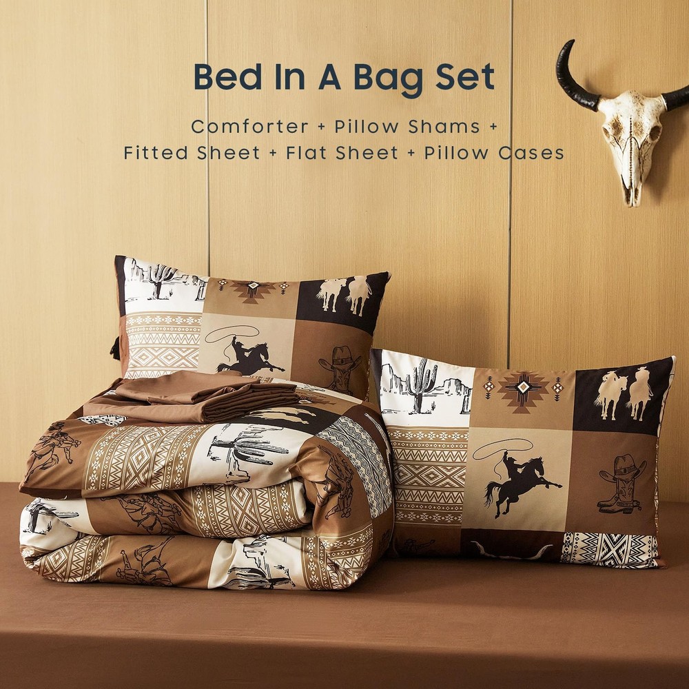 Wake In Cloud - Western Comforter Set with Sheets, Queen, Tan Brown