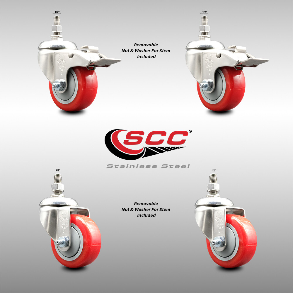 3.5 Inch 316SS Red Polyurethane ½ Inch Threaded Stem Caster Set 2 Lock Brake