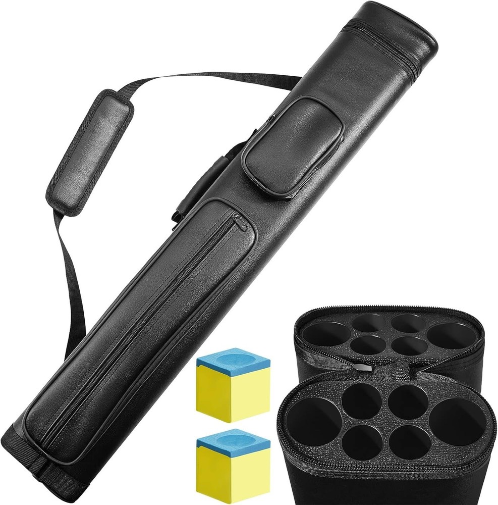 Durable PU Leather Oval Billiard Cue Case with Adjustable Strap & 2 Chalk Cubes
