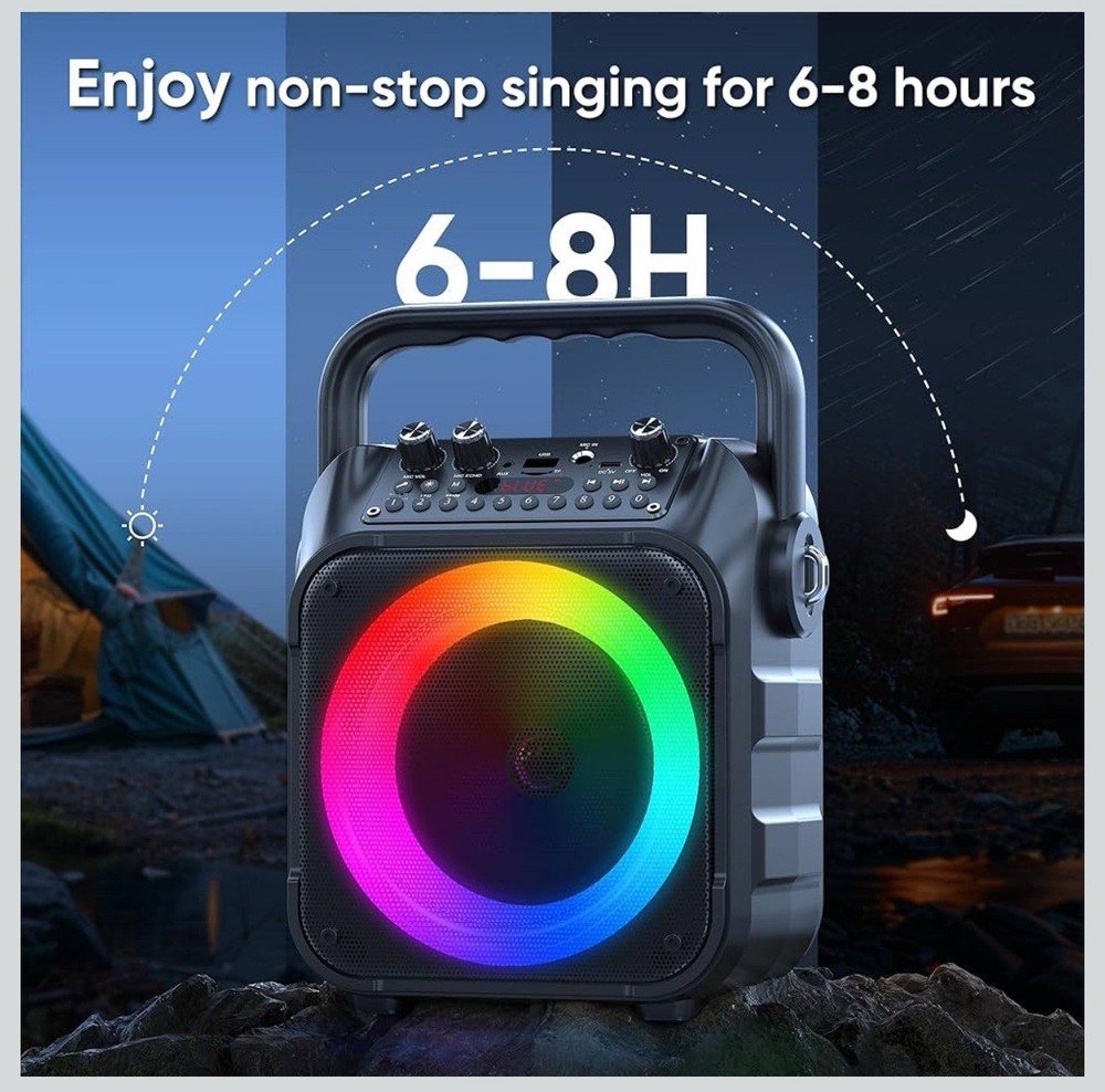 Karaoke Machine, Portable Bluetooth Speaker with 2 Wireless Microphones Black