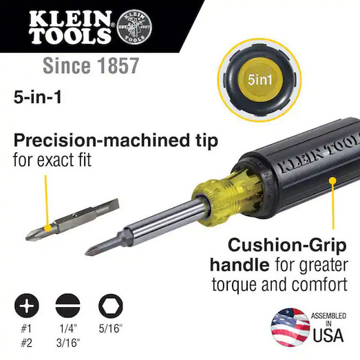 Klein Tools 5-in-1 Screwdriver/Nut Driver- Cushion Grip Handle