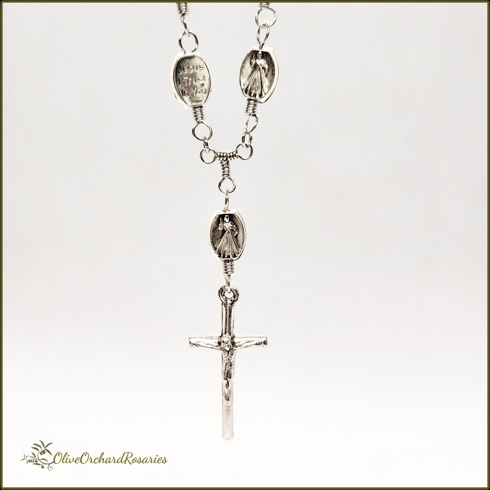 Handmade Divine Mercy Silver Oxidized Metal Beads Rear View Mirror Rosary