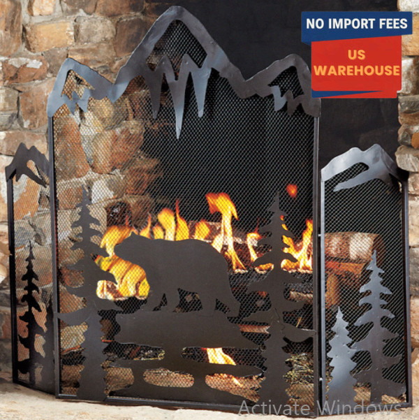 Black Bear Fireplace Screen Metal Mesh Rustic Mountain Scene 43”