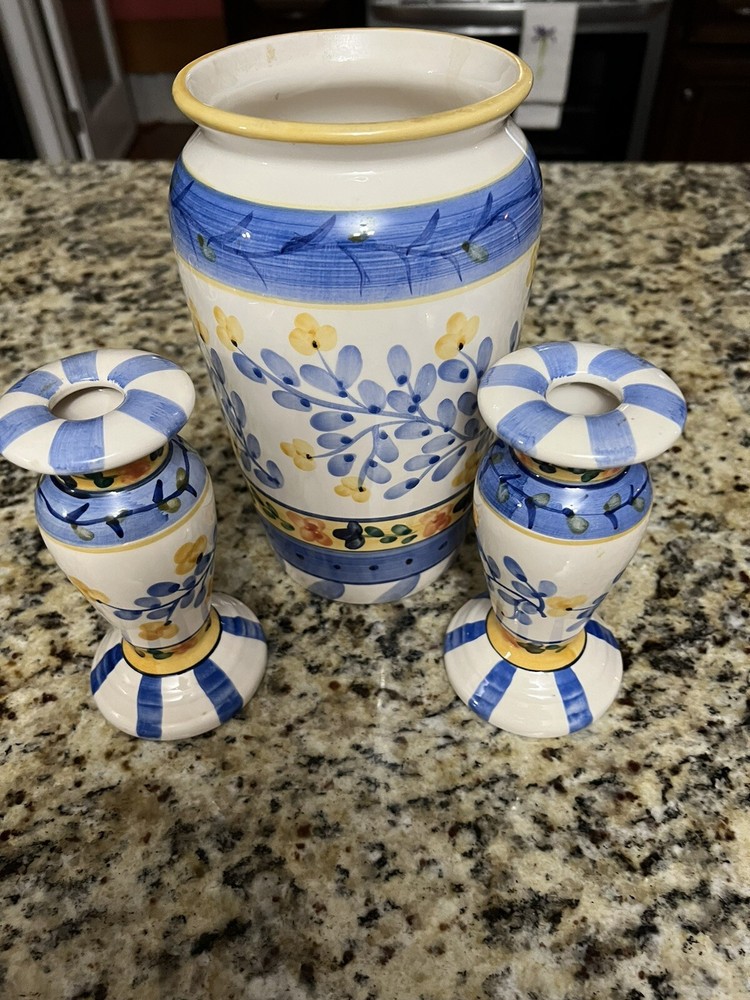 Ceramic Vase 9in with 2 Candle Holders Blue Yellow Set