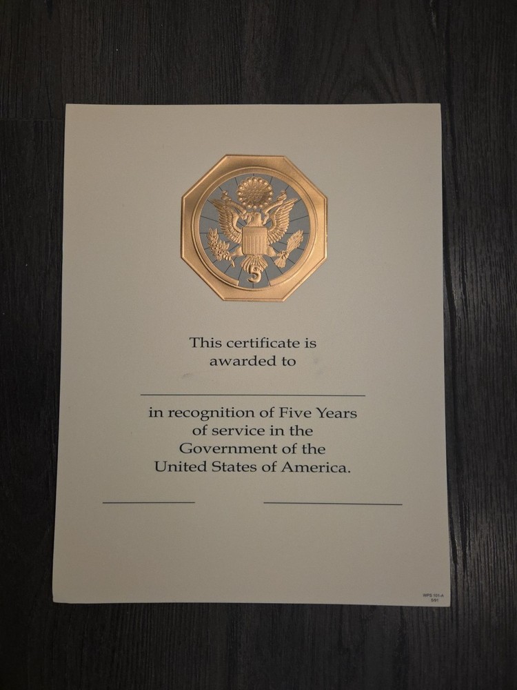 U s government service certificate five years