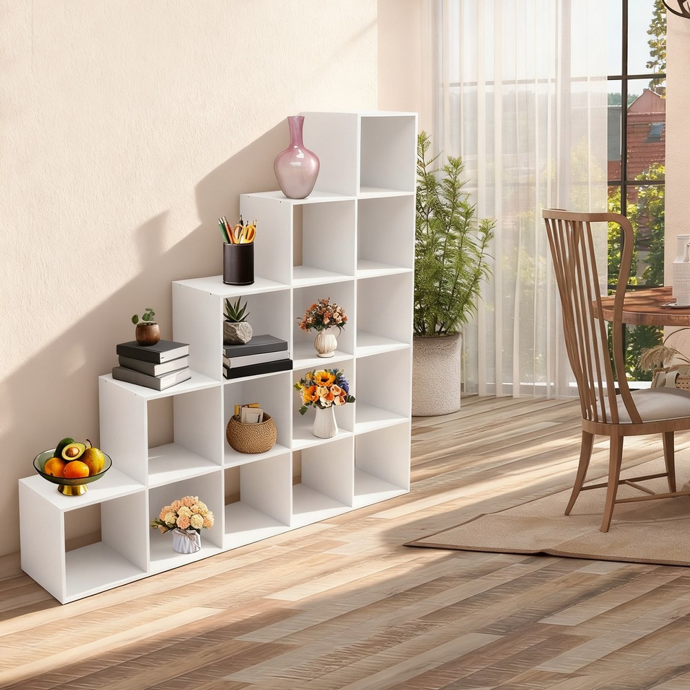 L-Shaped Corner Shelf White Ladder Cube Storage Bookcase 15-Cube Organizer
