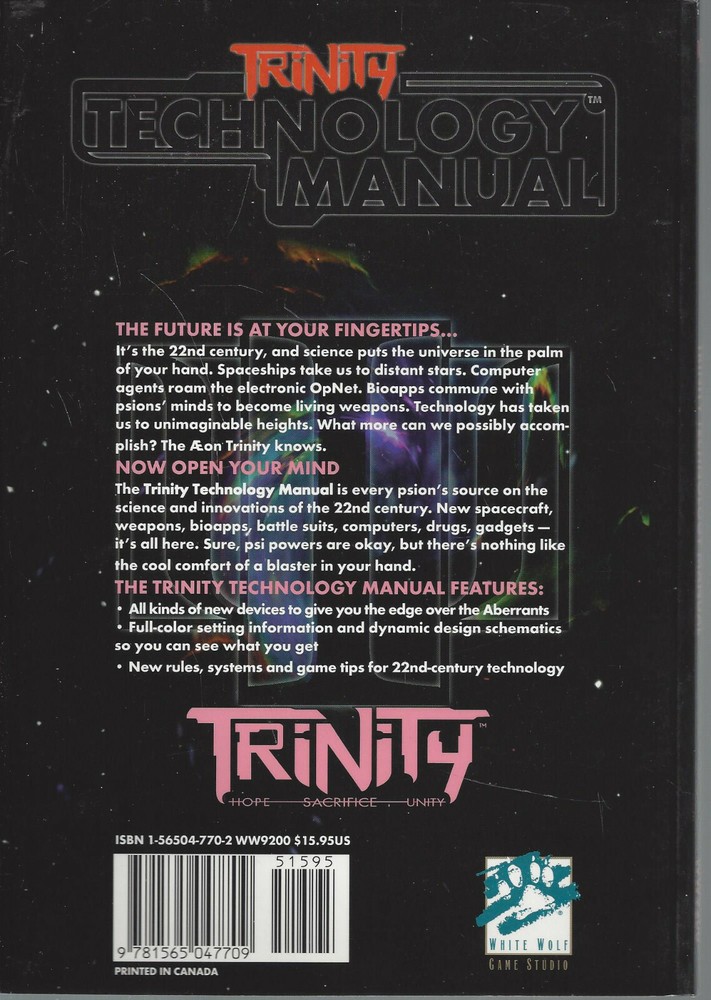 Trinity RPG Technology Manual SC NEW OOP White Wolf WW 9200 c2