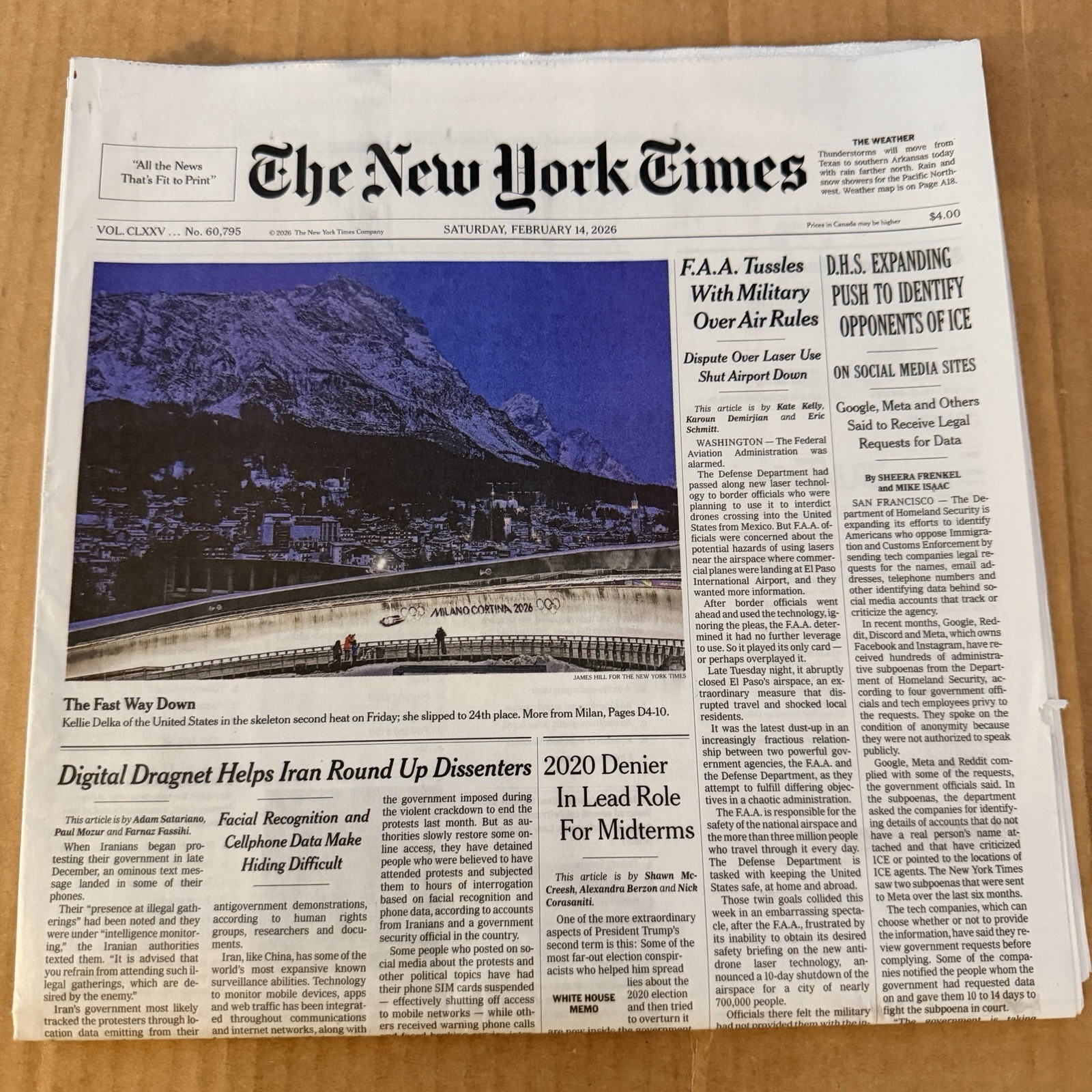The New York Times Newspaper February 14 2026 Complete Print Paper Unread NYT