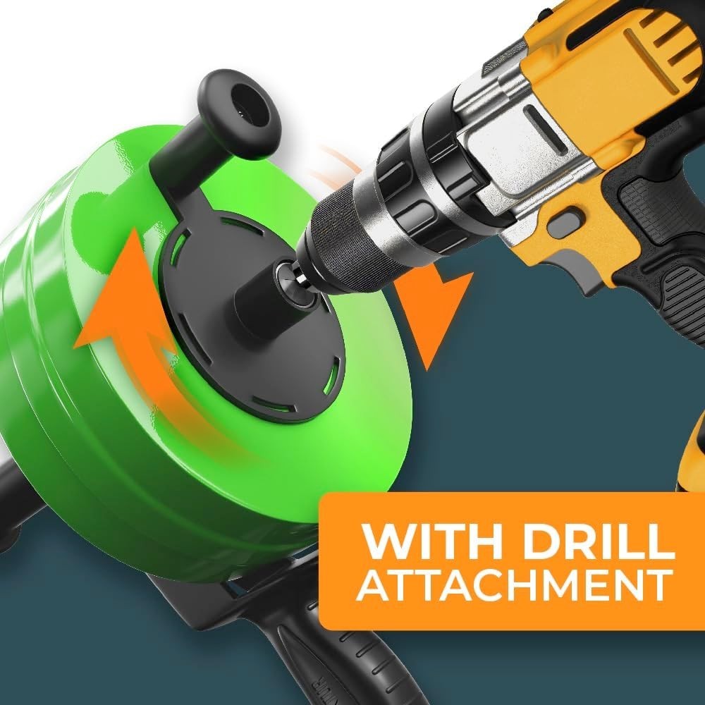 Professional Grade 50FT Drain Snake - Includes Drill Attachment and Gloves