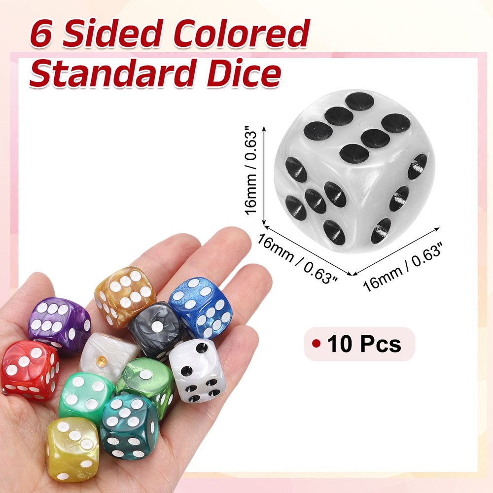 10Pcs 6 Sided Colored Standard Dice, Acrylic D6 Pearl Pattern Dice, Black Point