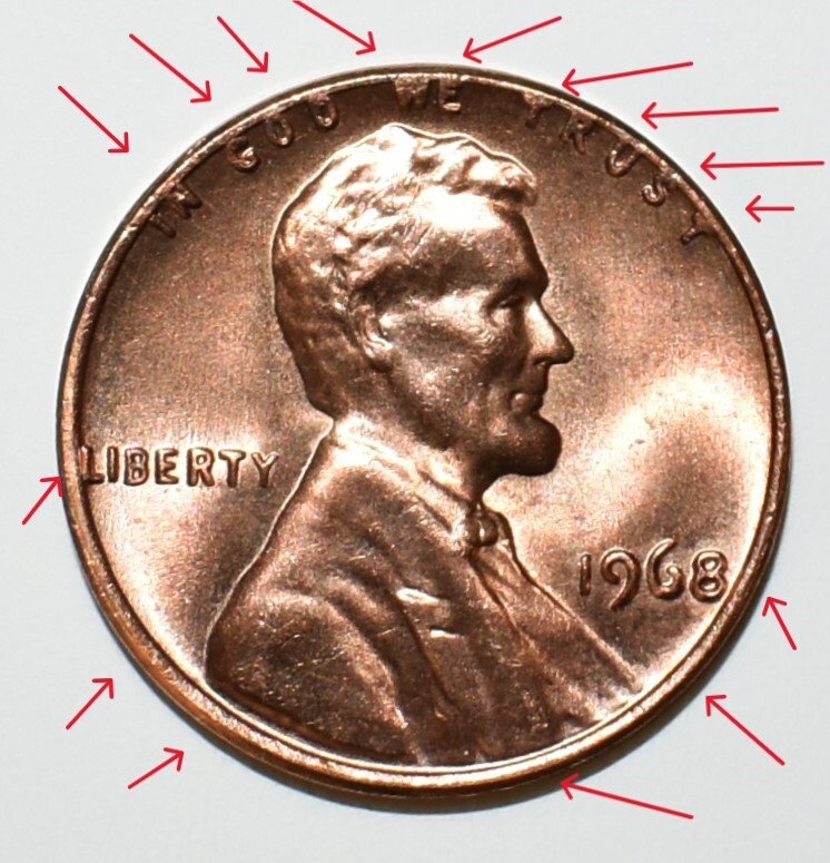 1968 Penny Error No Mint Mark P Red High Mint State Rim Collar DD Errors