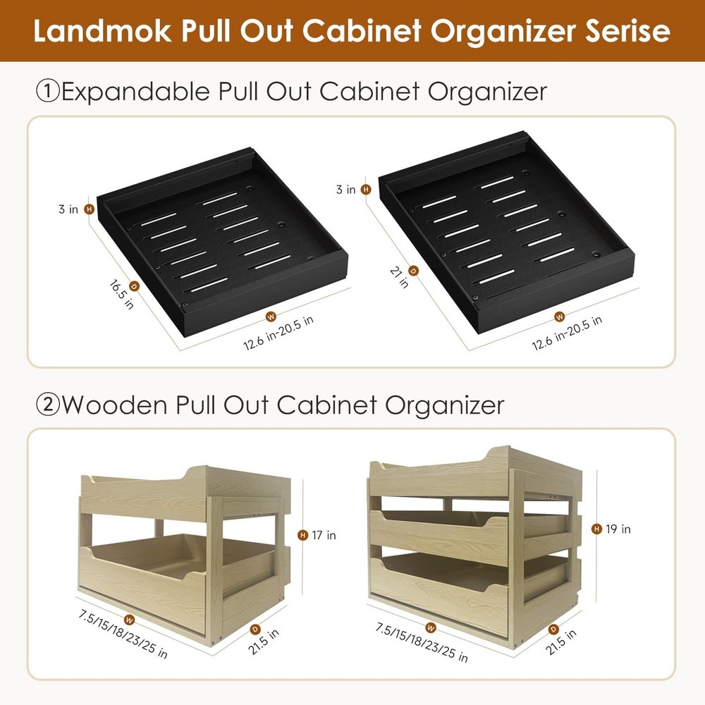 1 Pack Expandable Pull Out Cabinet Organizer 21" Deep, Adjustable Width 12.6"...