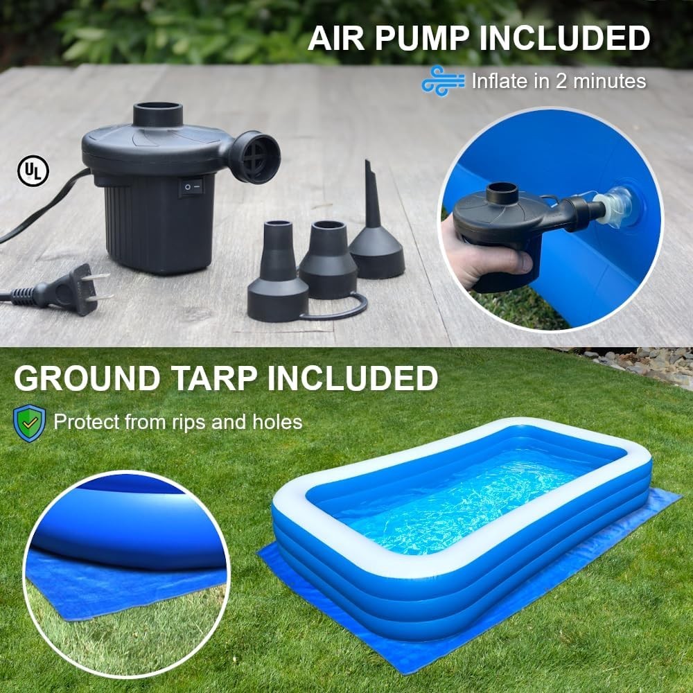 Inflatable Pool for Adults 10' x 6' - Bundle (Ground Tarp and Electric Pump Incl
