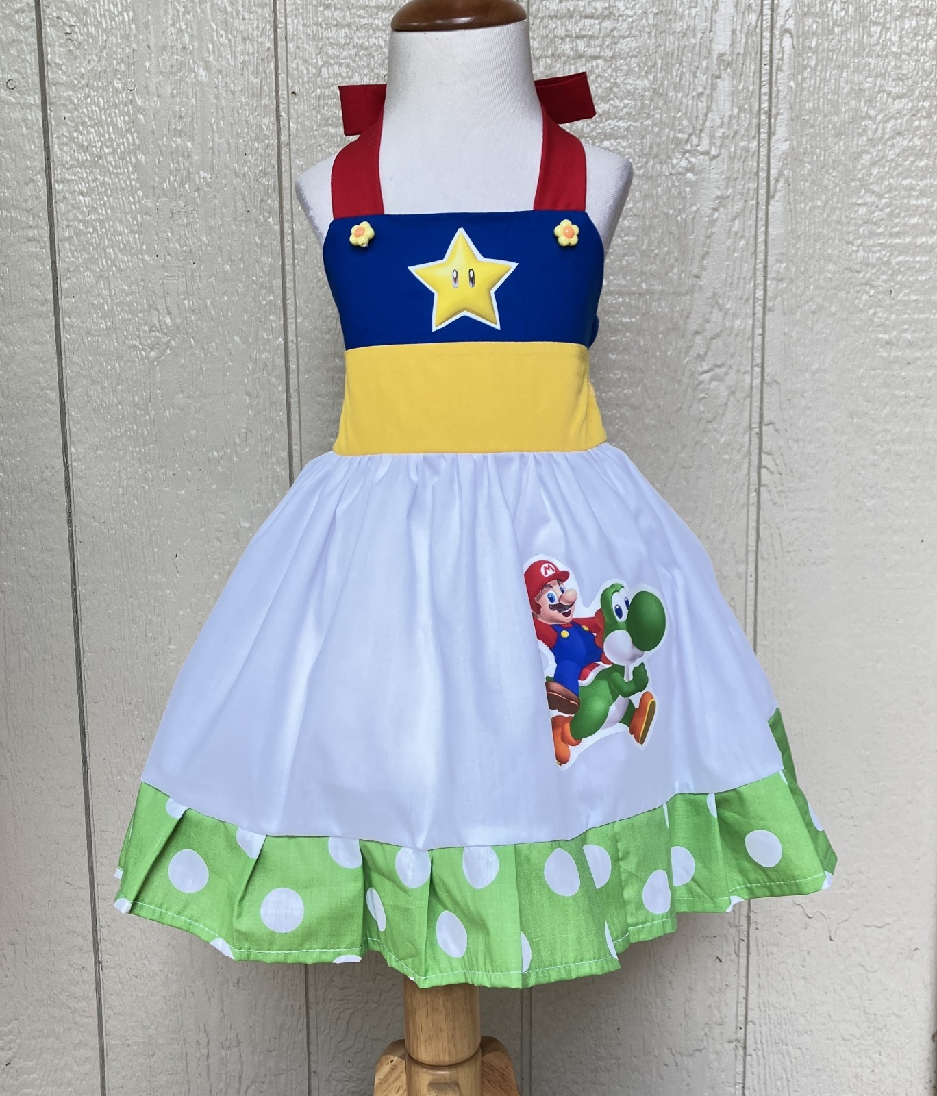 Super Mario And Yoshi Girls Toddler Fun Spring Summer Halter Dress