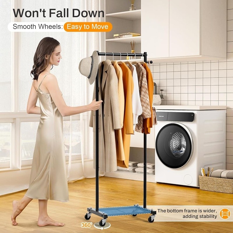 Portable Clothes Rack Rolling Garment Rack Small Spaces Adjustable Storage New
