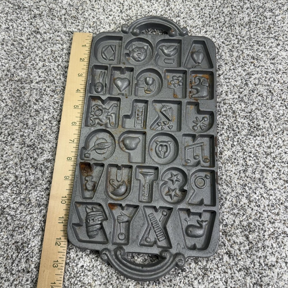 Vintage John Wright Cast Iron Alphabet Cookie Mold Tray USA Pan Rustic Decor