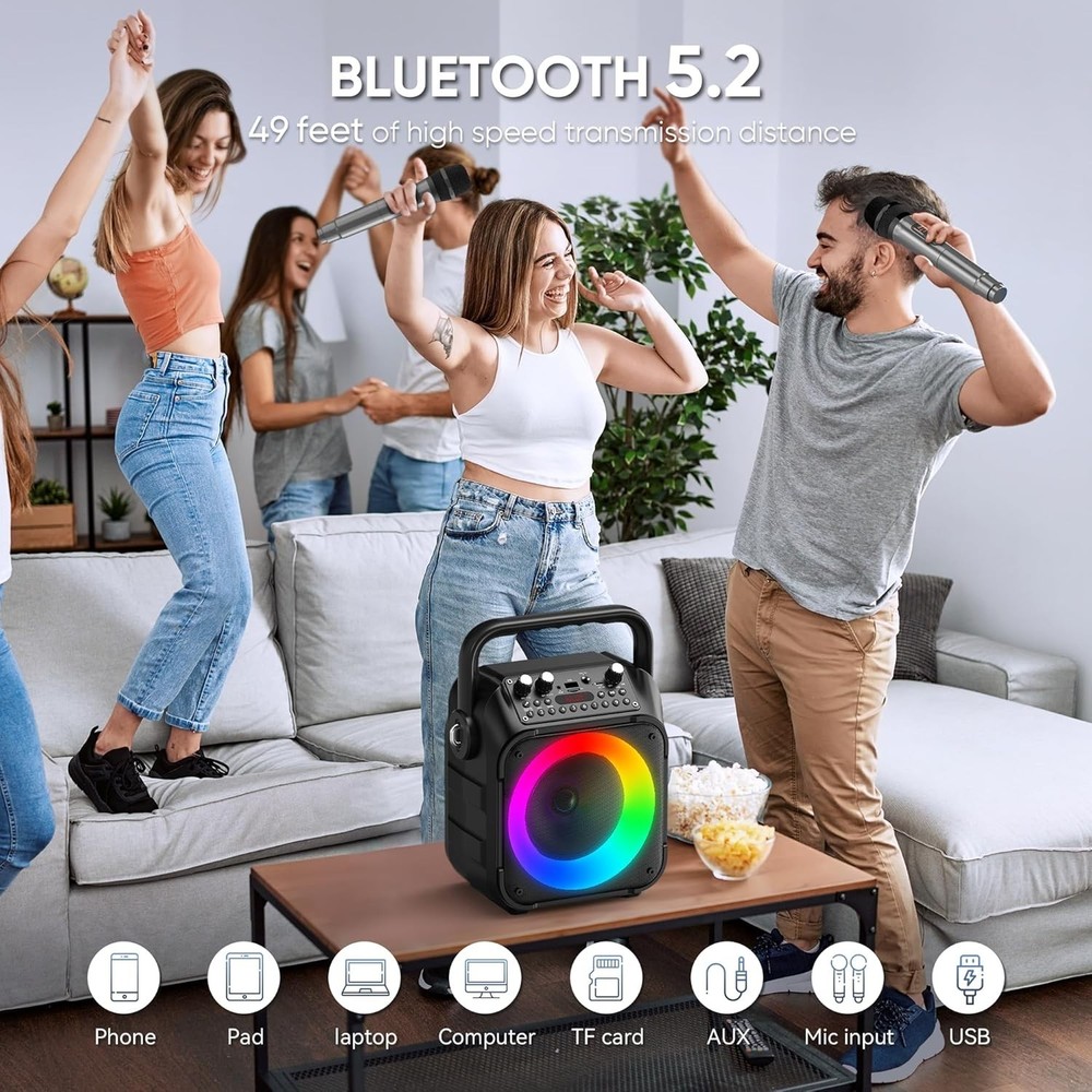 Karaoke Machine, Portable Bluetooth Speaker with 2 Wireless Microphones for A...