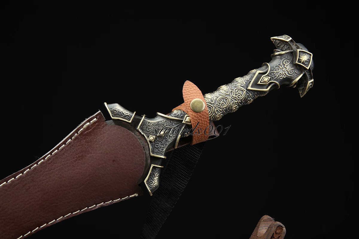 Handmade Brass Handle Short Divine Sword Damascus Steel Blade Leather Sheath