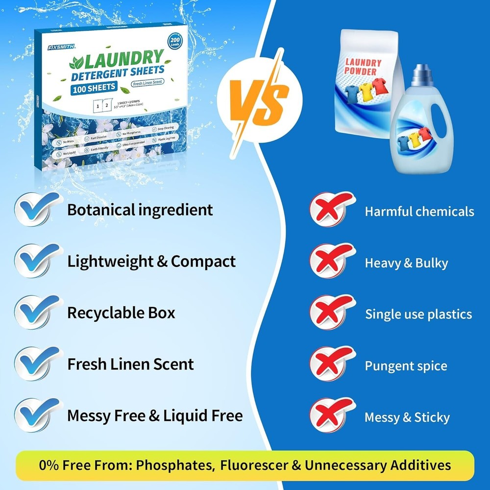 FIXSMITH Laundry Detergent Sheets - 200 Loads (100 Sheets) Fresh Linen Scent