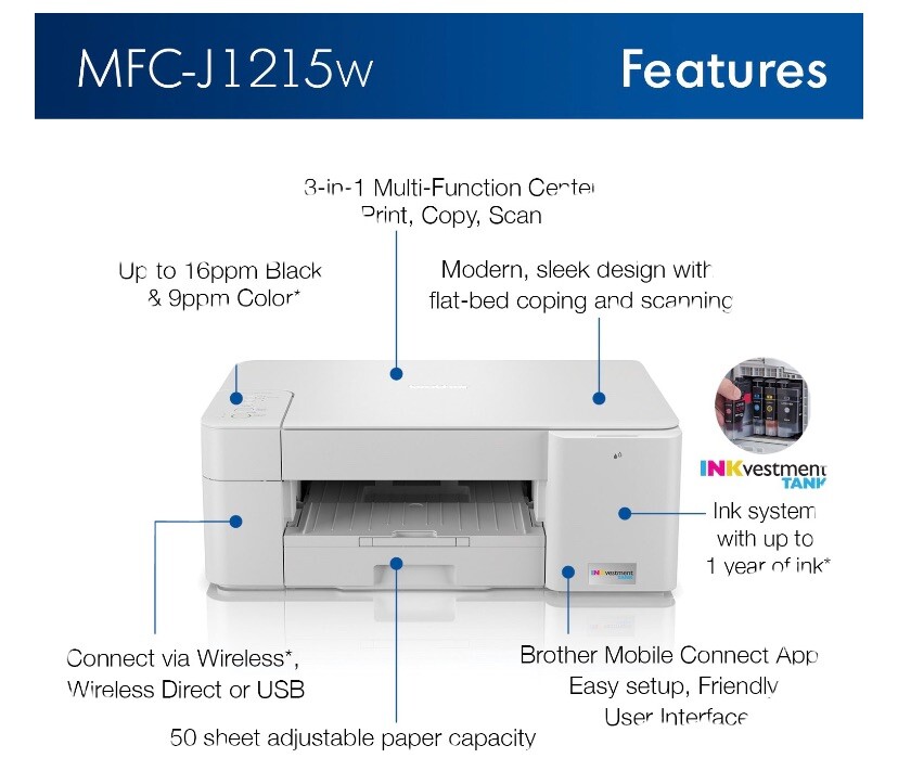 Brother MFC-J1215W INKvestment Tank Multi-Function Color Inkjet Printer Wireless