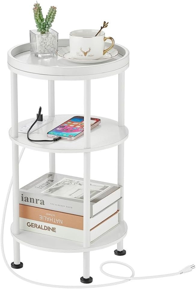 Round Small Side Table W/ Charging Station Small Spaces 3-Tier Accent Table US