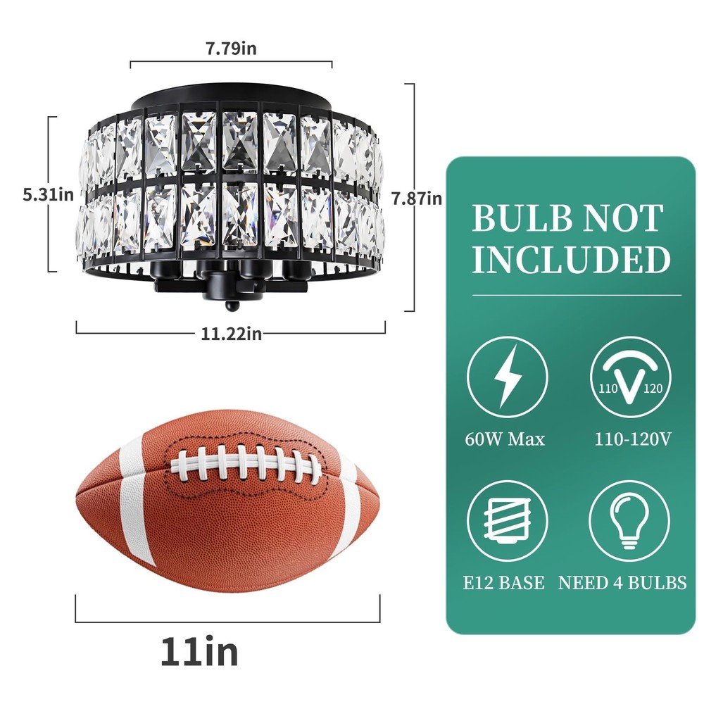Black Crystal Flush Mount Ceiling Light, 4 Lights Black Dining Room Light Fix...