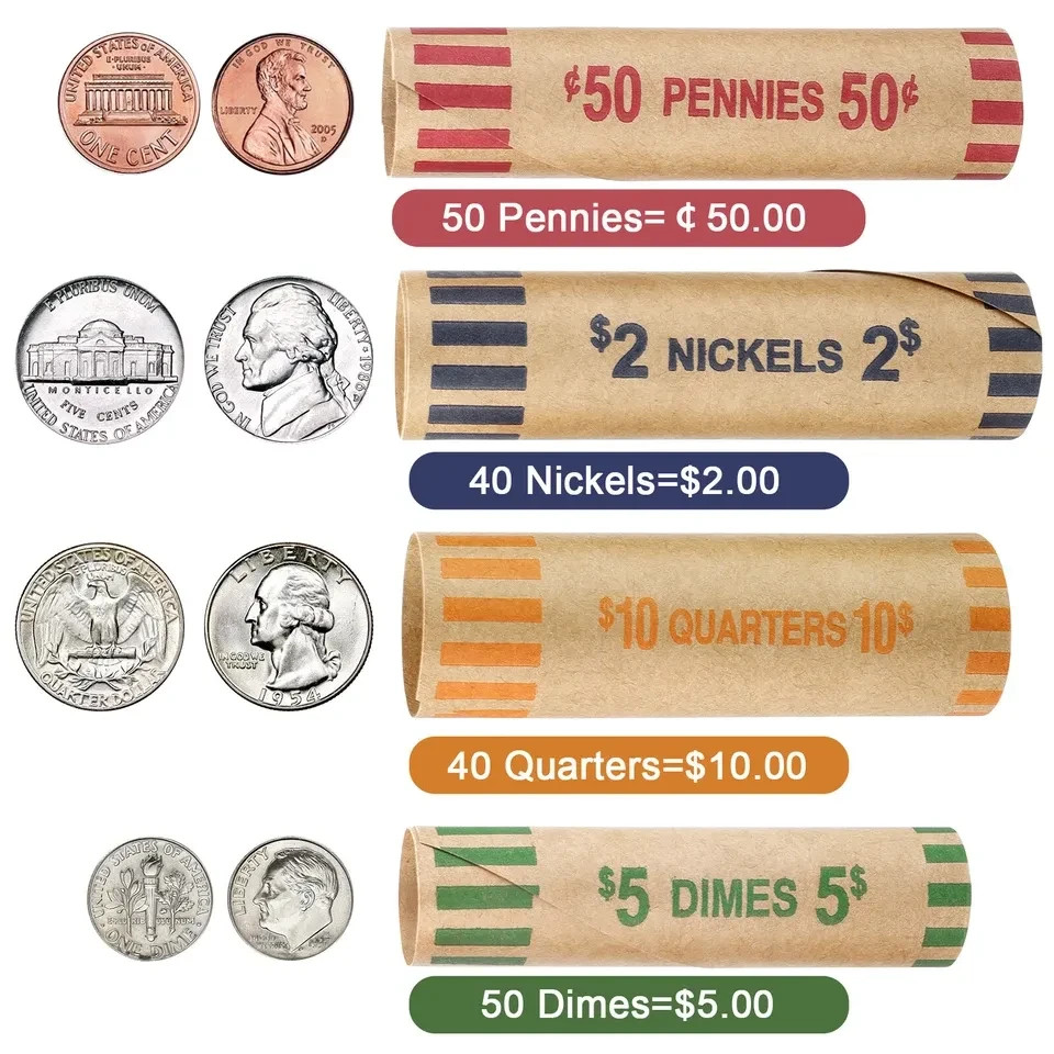 128pcs Assorted Preformed Coin Wrappers Rolls, Change Paper Rolls Wrapping Tubes