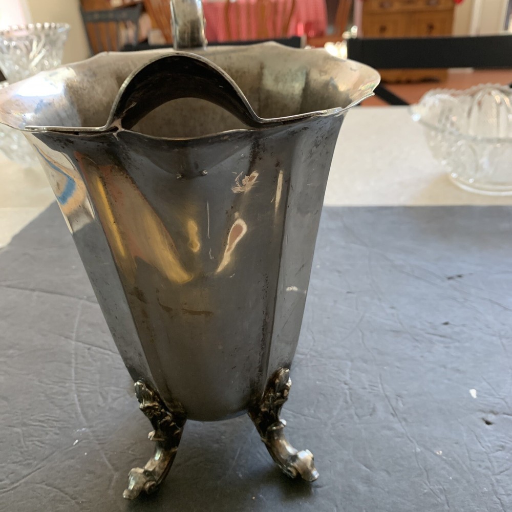 Silver on Copper Pitcher Acanthus Leaf Footed Ice Lip Monogram 8” Tall