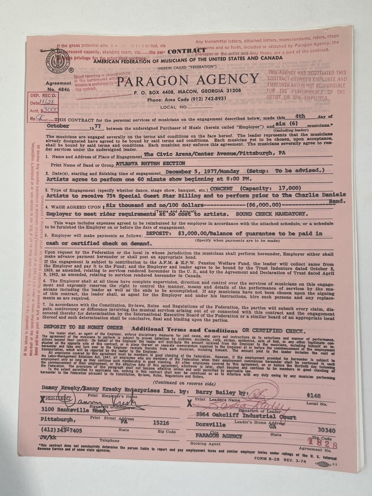 The Atlanta Rhythm Section Concert Contract 1977 Pittsburgh PA