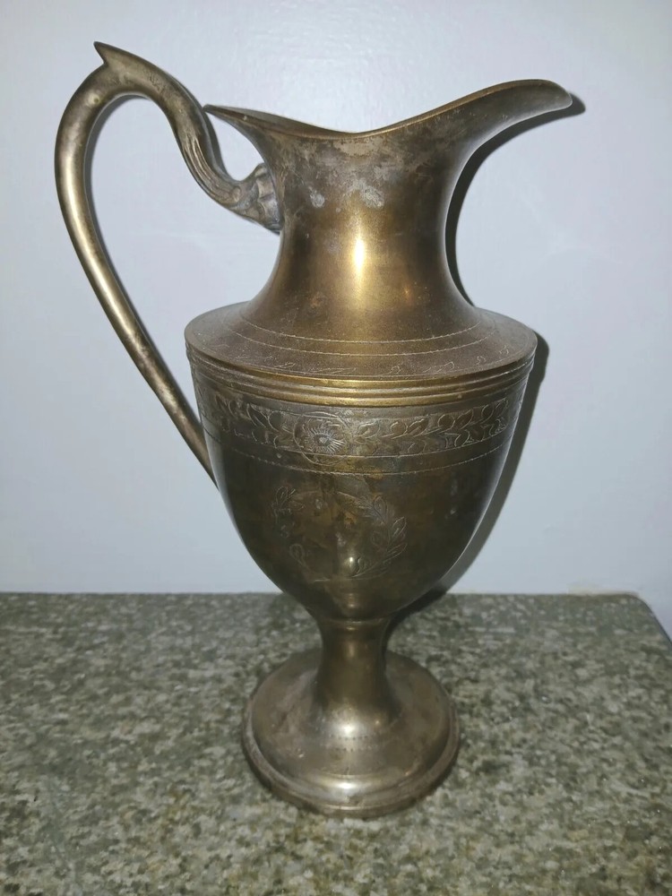 Vintage Distressed Scribed Silver Plate over Brass Pitcher