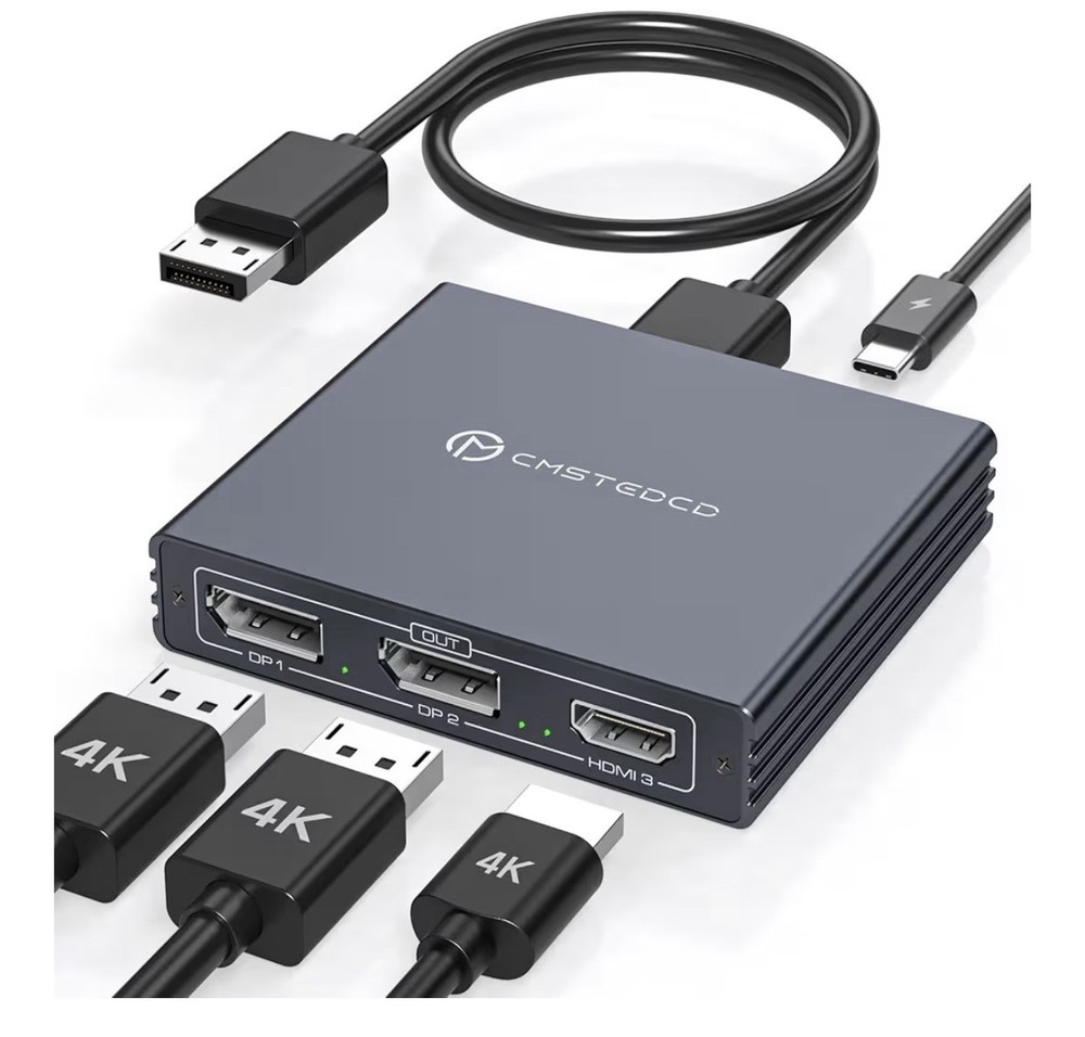CMSTEDCD KVM Switch Box 1:3 USB-C DisplayPort HDMI Powered Multi-Display Adapter
