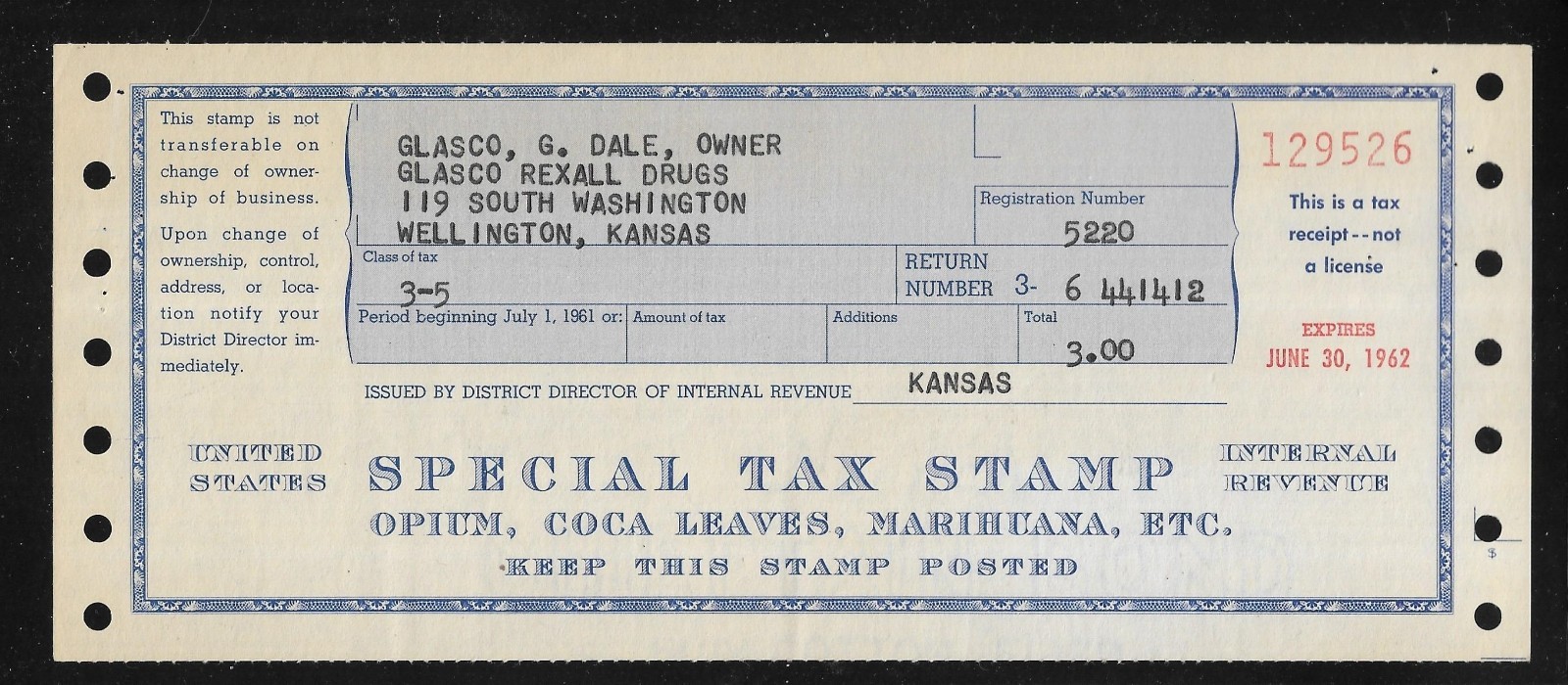 US Revenues; Special Tax Stamp; Opium, Coca Leaves, Marihuana, Etc.; $3 FYE 1962