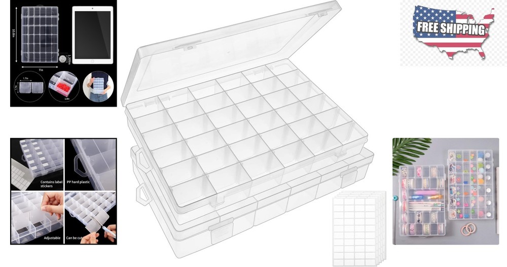 2 Pack Adjustable 36-Compartment Clear Plastic Bead Organizer Box with Stickers