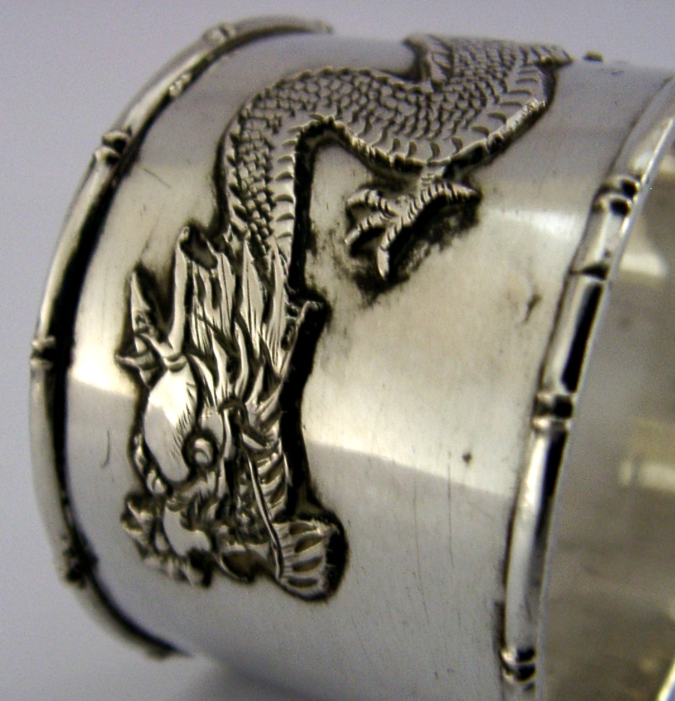 CHINESE EXPORT SOLID SILVER NAPKIN RING DRAGON c1900