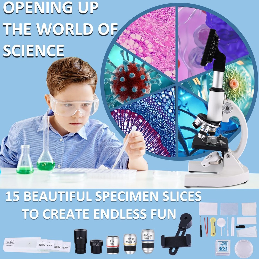 Microscope 40X-2500X Magnification HD Wide Angle Eyepieces