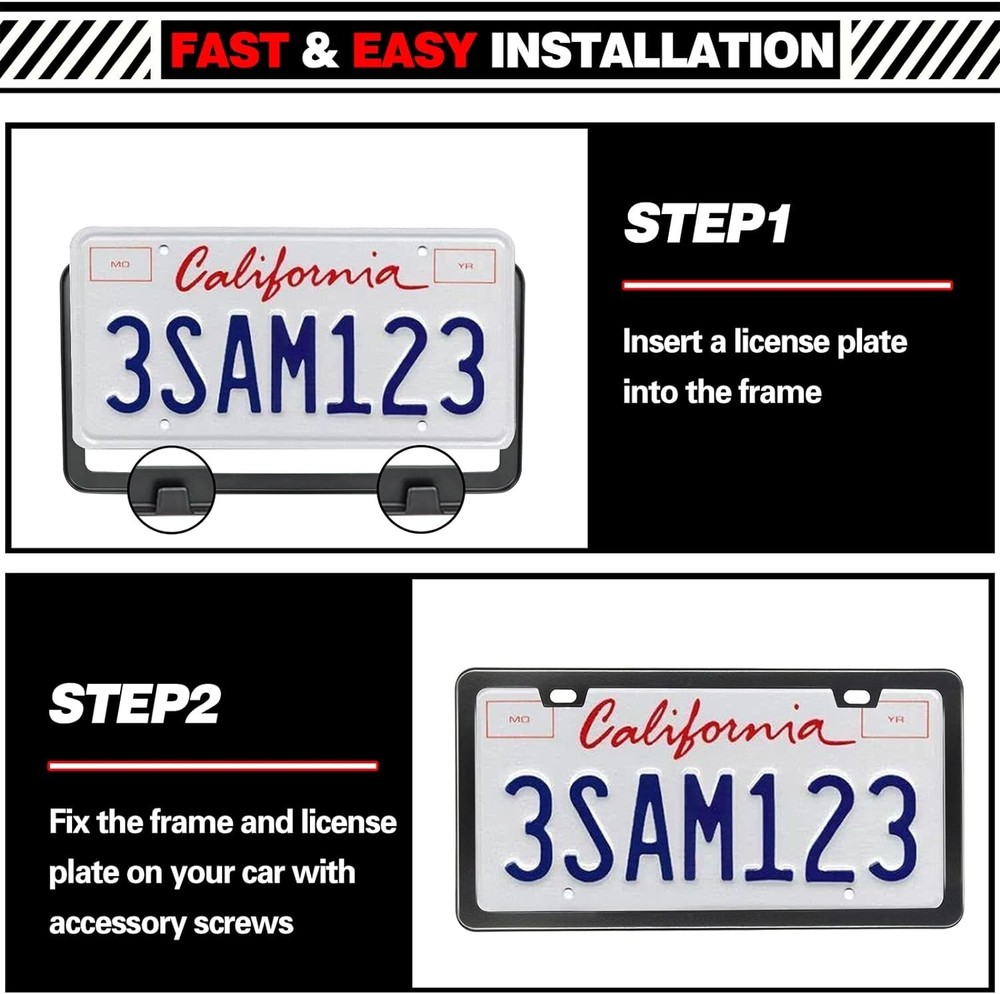 License Plate Frames Kit, 2 Pack Matte Black Universal Car License Plate Holders