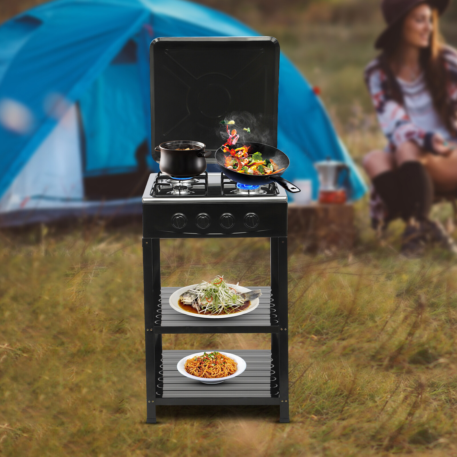 Outdoor 300000 BTU Stove Propane 4 Burner Portable Cooker BBQ Grill Windshelter