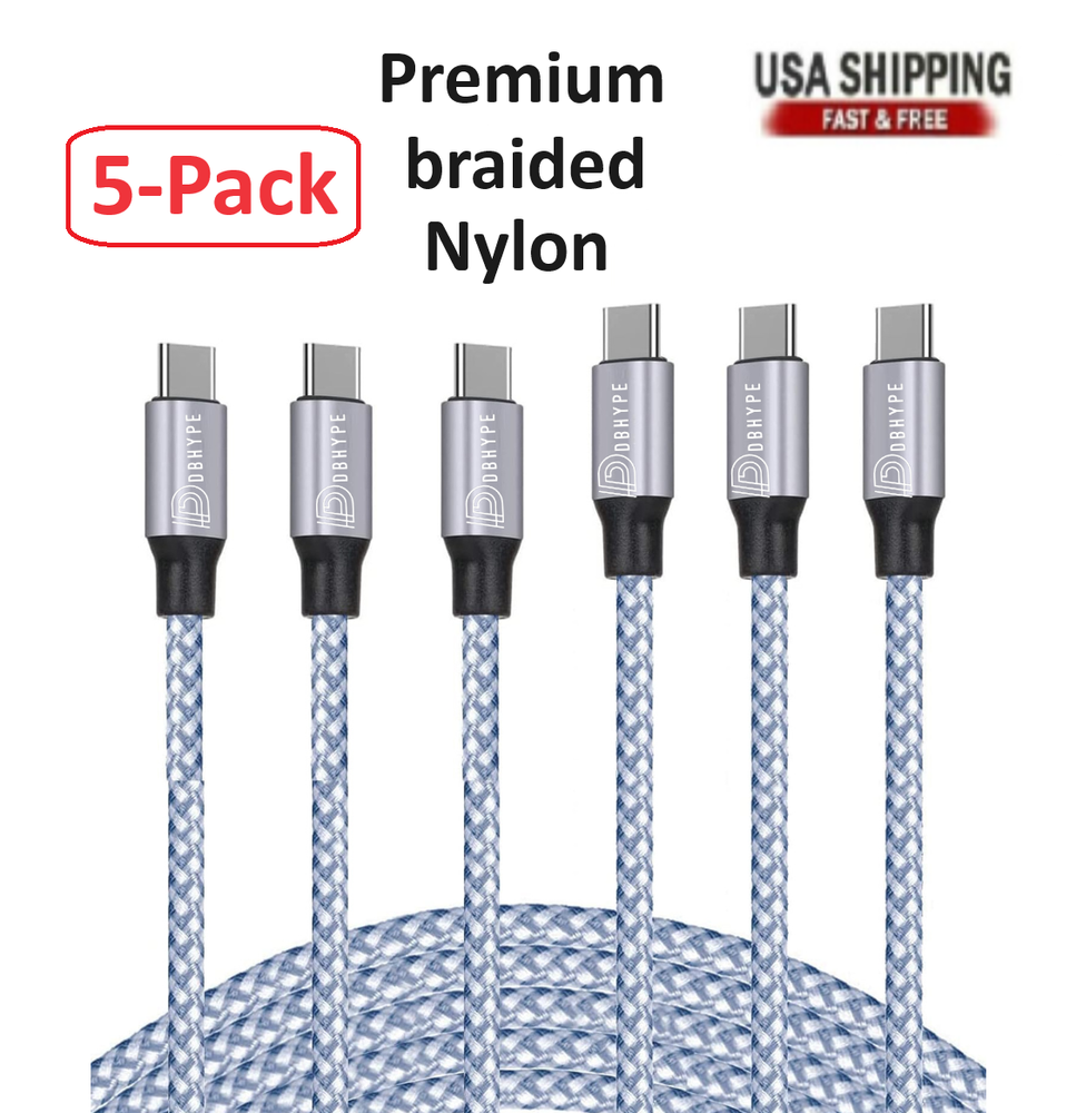 5-Pack Braided USB C to Type-C Fast Charging Data SYNC Charger Cable 3/6/10FT
