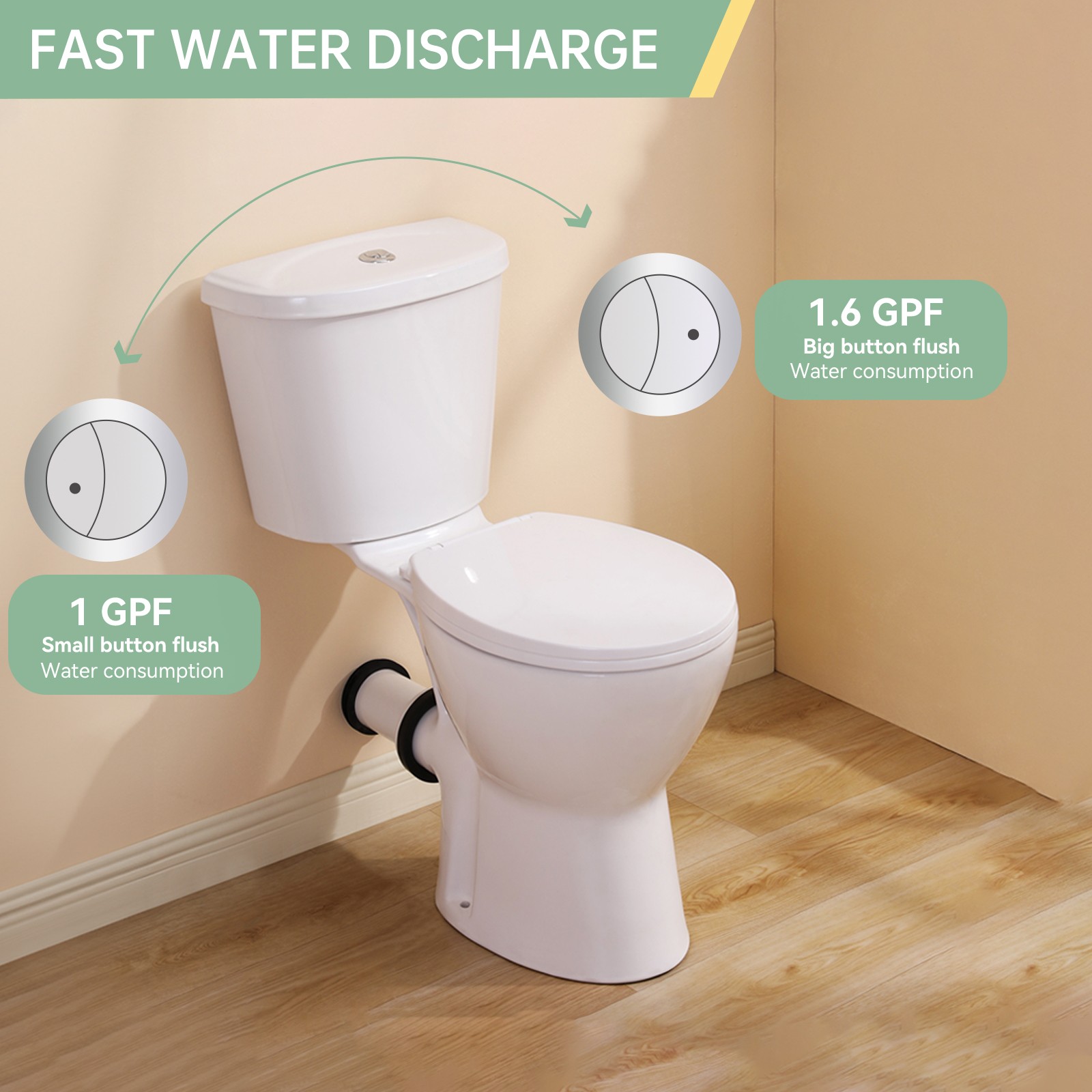 19 inch Rear Outlet Toilet with Tank Powerful Flush with Extra Extension Pipe