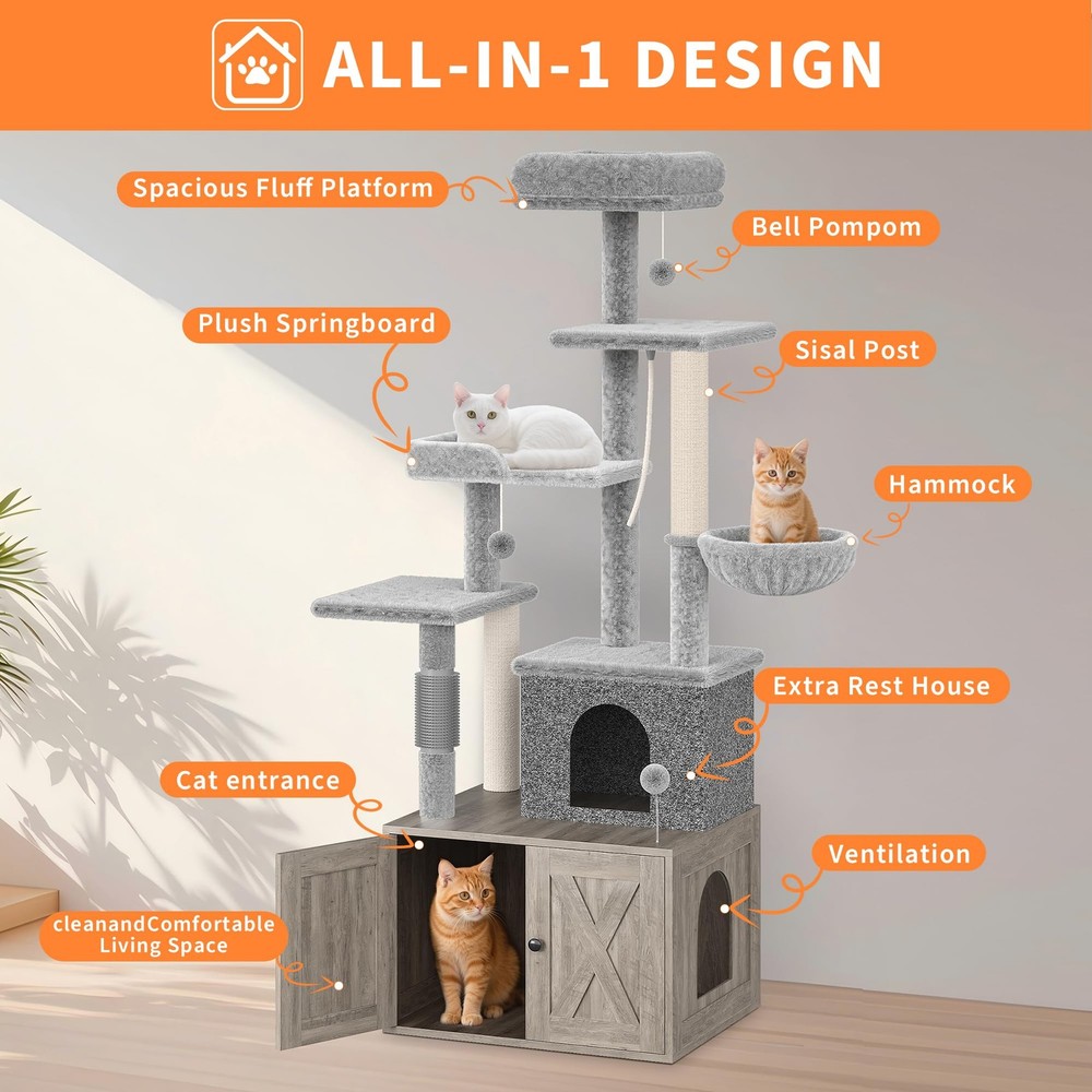 Hidden Litter Box Cat Tree, Multi-Level Tower, Scratching Post, Dangling Balls